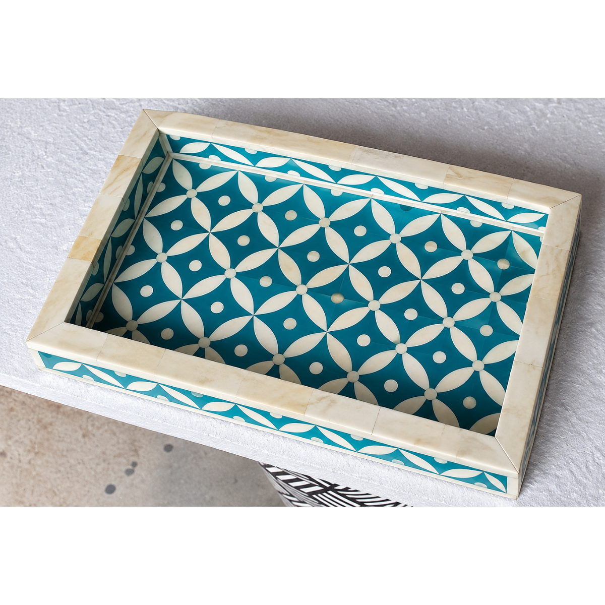 Handmade Teal Bone Inlay Tray – Geometric Leaf Pattern Decorative Tray