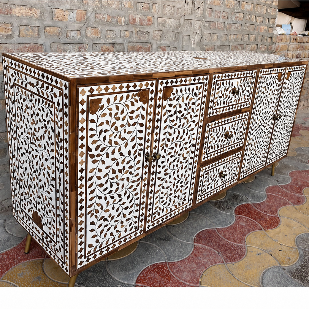 Handmade Brown & White Bone Inlay Sideboard – Floral 4 Door Credenza with 3 Drawers