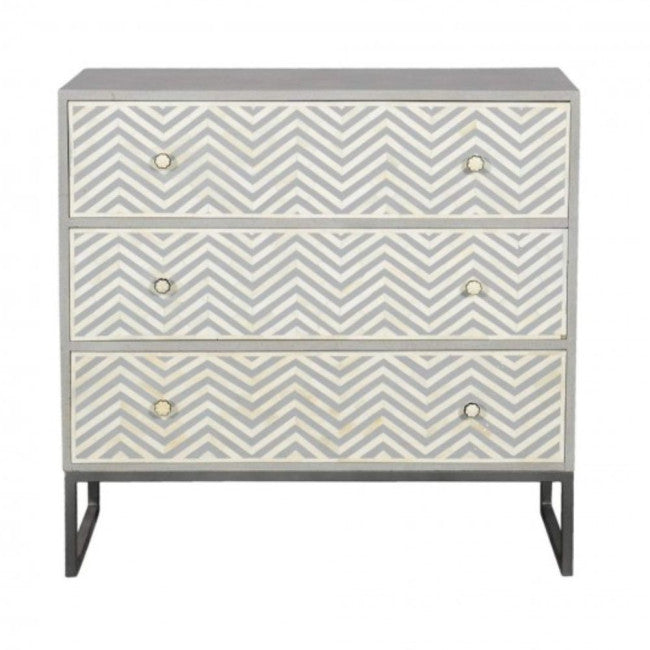 Bone Inlay Chevron Pattern 3 Drawer Dresser | Grey White Inlay Chest | Modern Storage Cabinet with Metal Base