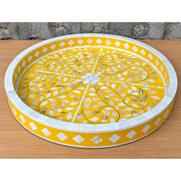 Yellow Mother of Pearl Inlay Round Serving Tray – Handmade Floral Decorative Tray