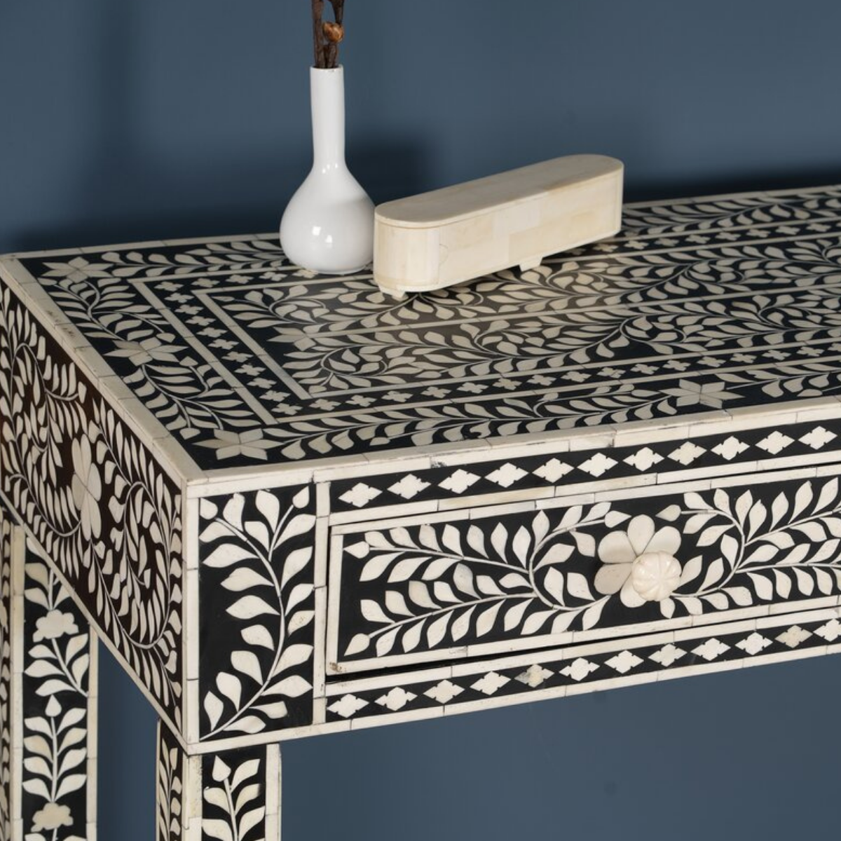 Black Bone Inlay Console Table with 3 Drawers | Handmade Floral Entryway Console