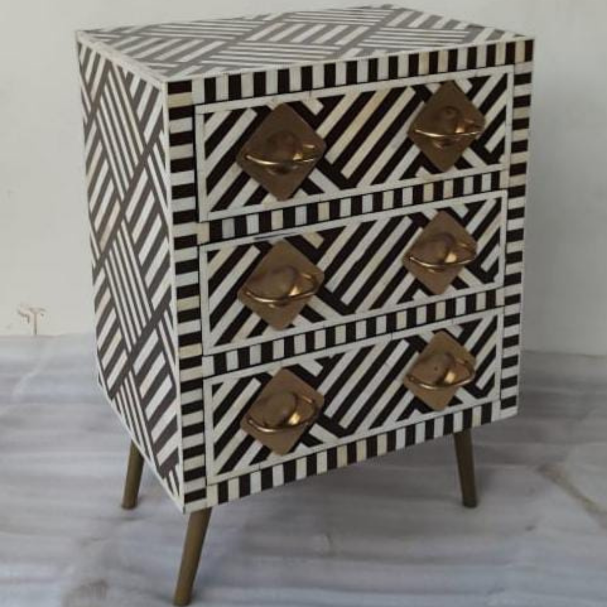 Handmade Black & White Bone Inlay Chest of Drawers – Geometric 3 Drawer Nightstand with Brass Handles