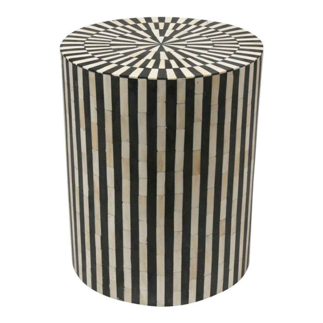Handmade Bone Inlay Round End Table Black White Stripe Pattern Modern Accent Side Table Luxury Furniture