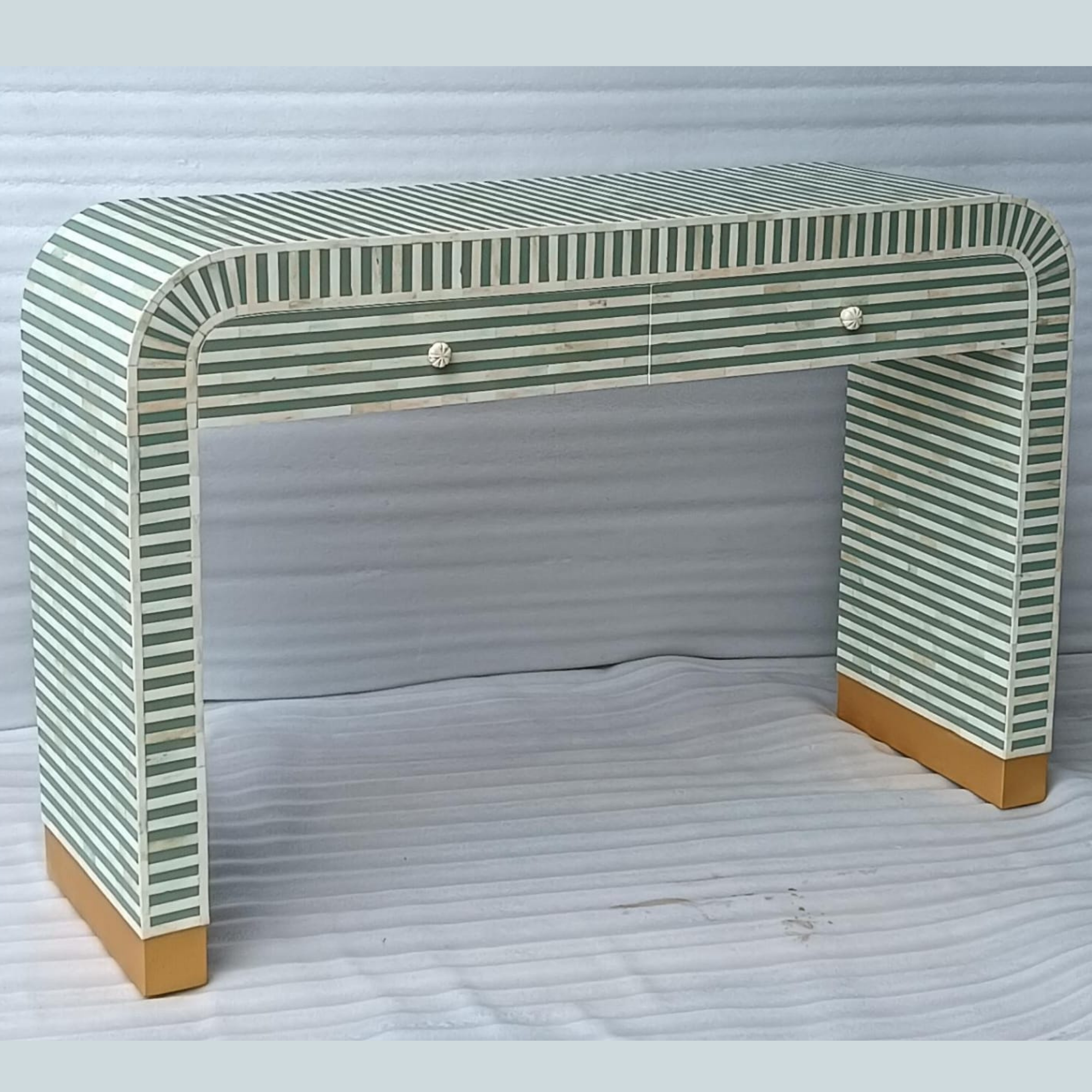 Green Striped Bone Inlay Console Table with Drawers | Handmade Waterfall Entryway Table