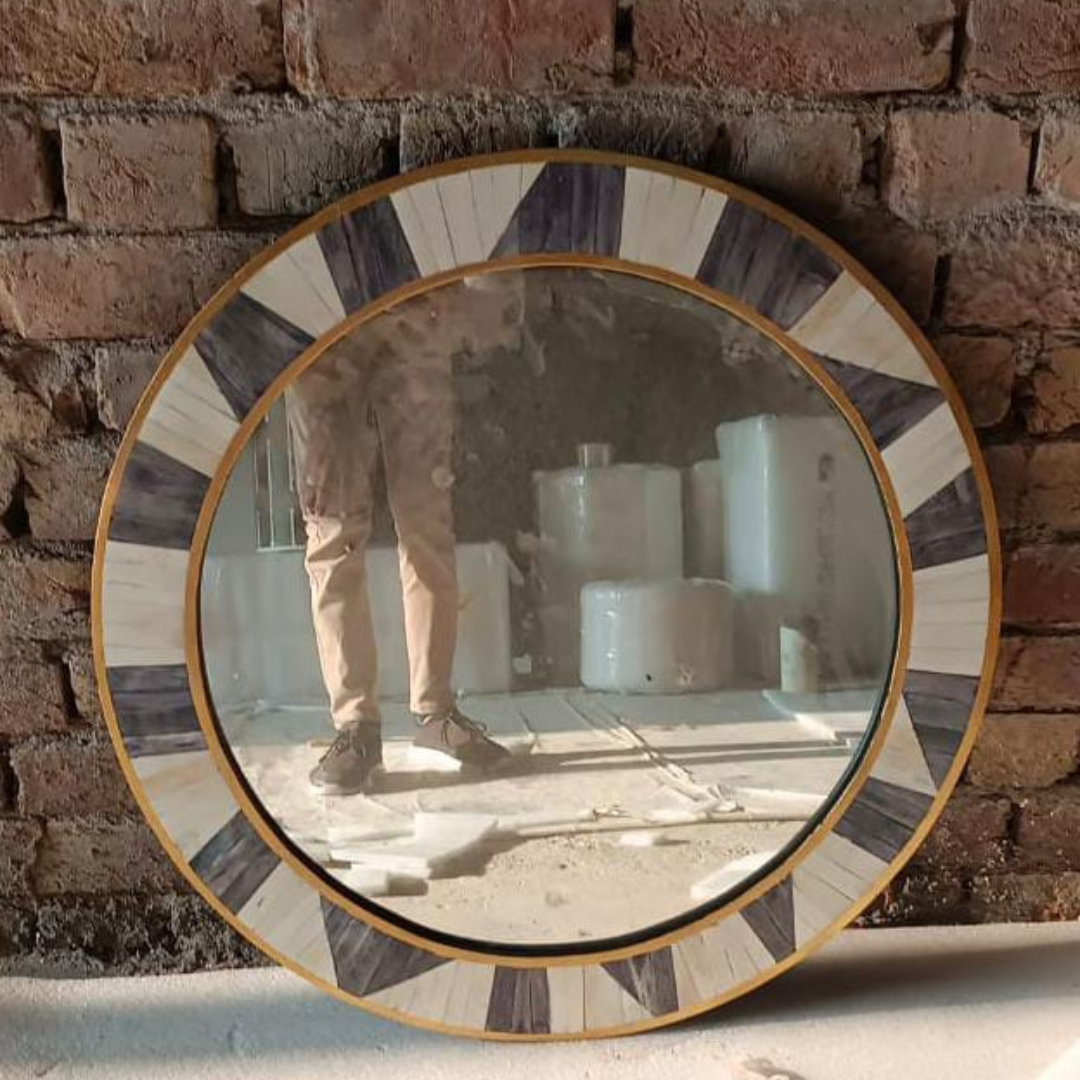 Modern Geometric Bone Inlay Round Mirror Handmade Luxury Wall Mirror Neutral Home Decor