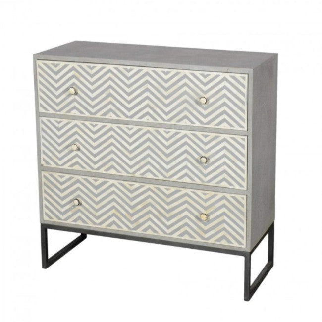 Bone Inlay Chevron Pattern 3 Drawer Dresser | Grey White Inlay Chest | Modern Storage Cabinet with Metal Base