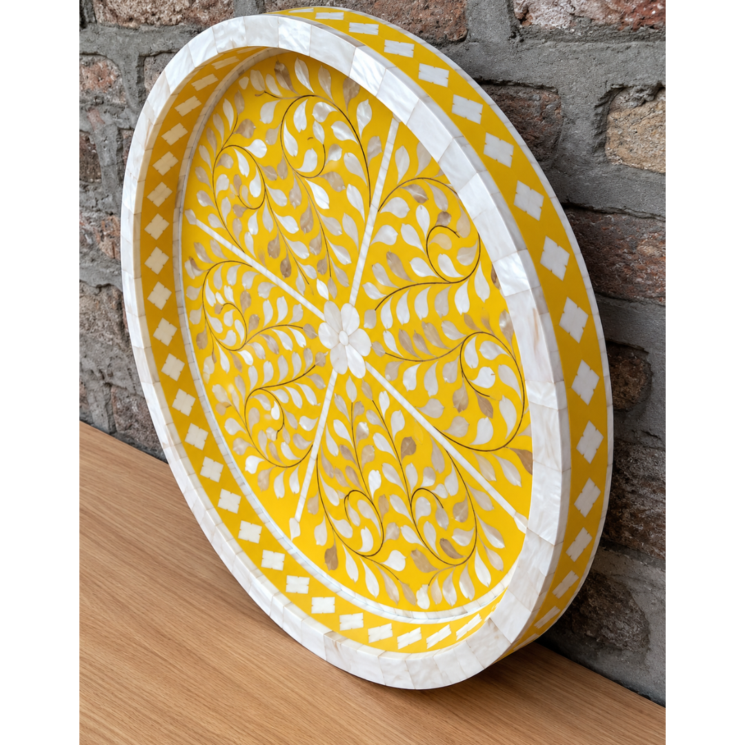 Yellow Mother of Pearl Inlay Round Serving Tray – Handmade Floral Decorative Tray