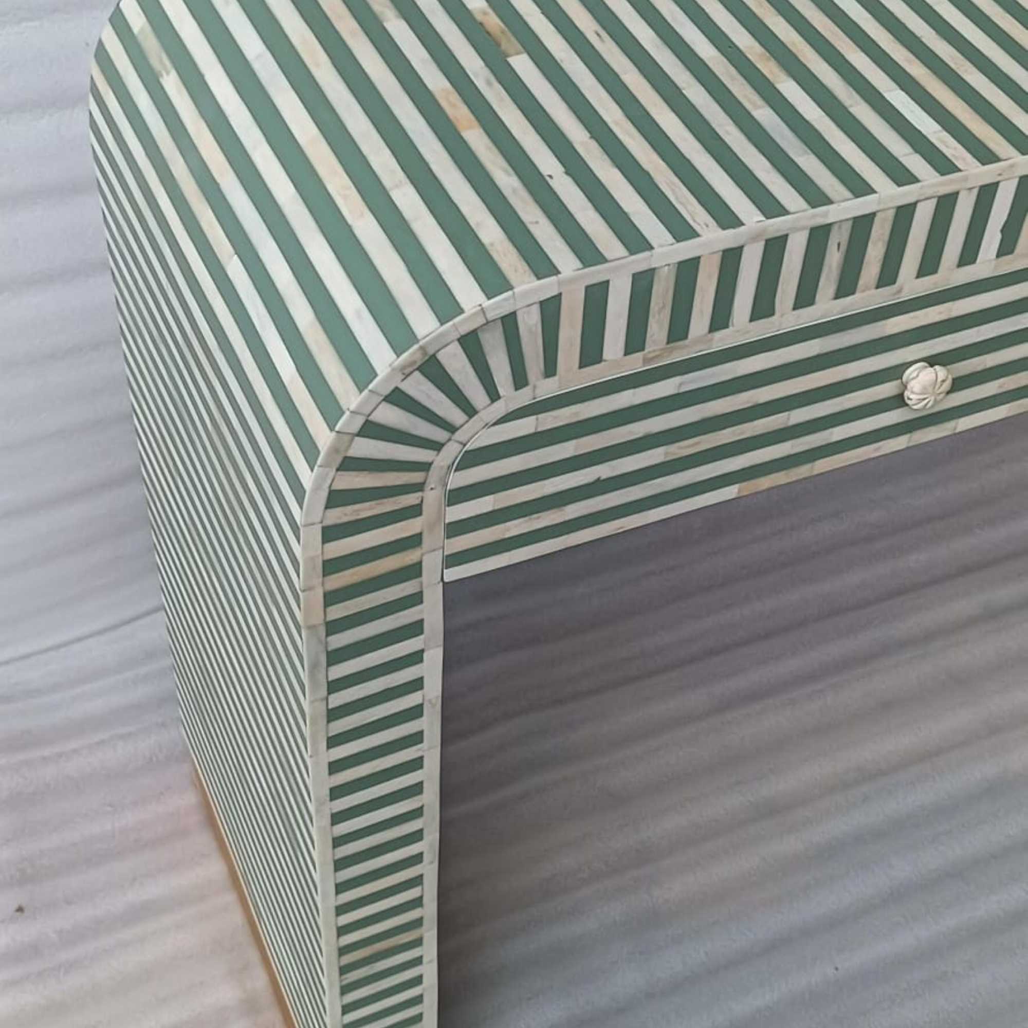 Green Striped Bone Inlay Console Table with Drawers | Handmade Waterfall Entryway Table