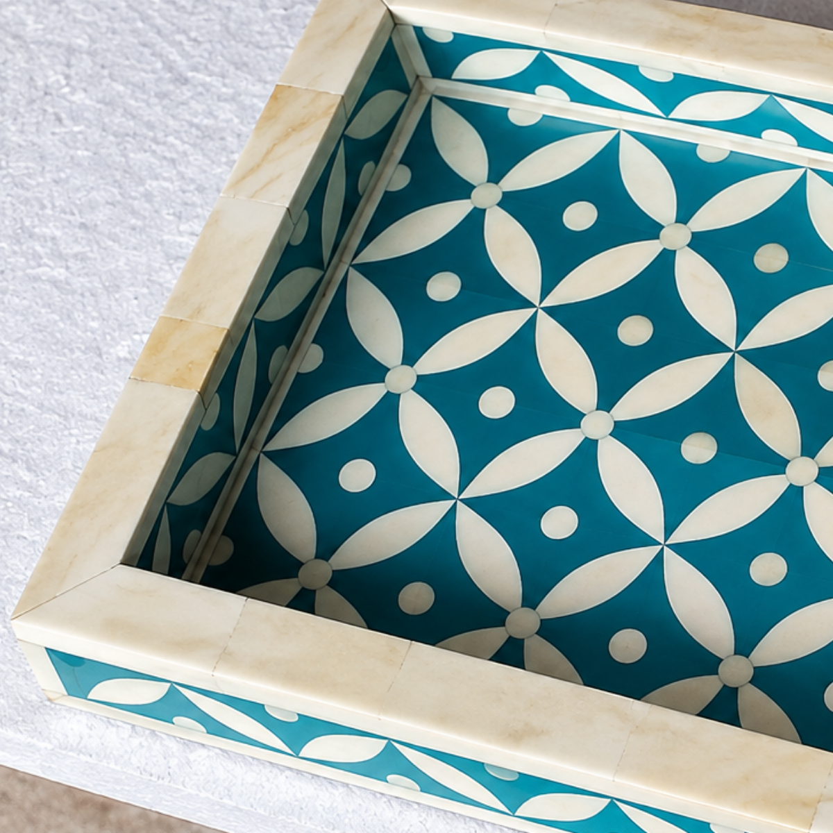 Handmade Teal Bone Inlay Tray – Geometric Leaf Pattern Decorative Tray