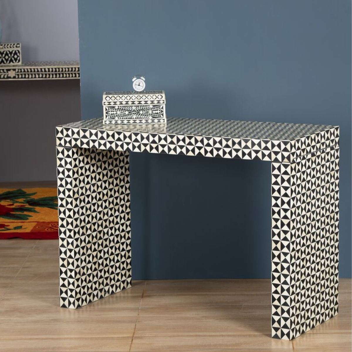 Handmade Black Geometric Bone Inlay Console Table | Modern Waterfall Console