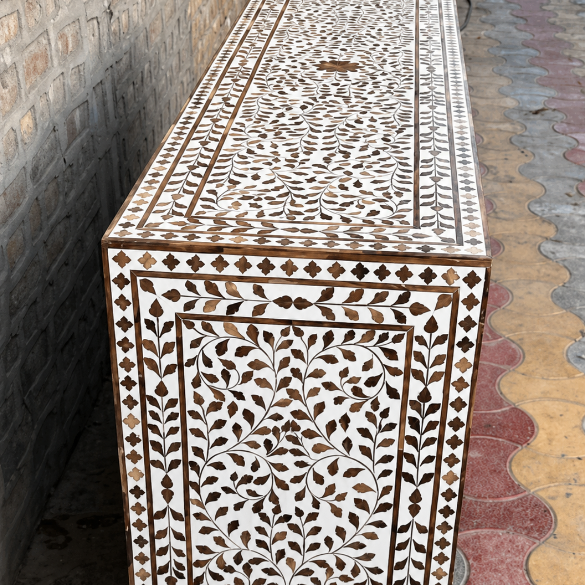 Handmade Brown & White Bone Inlay Sideboard – Floral 4 Door Credenza with 3 Drawers