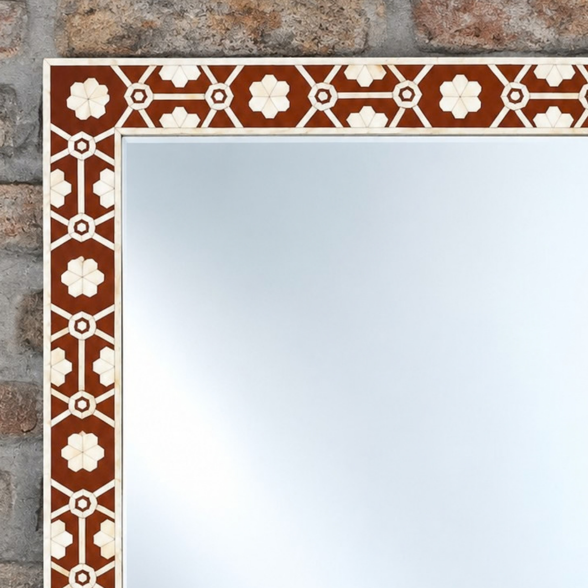 Handmade Brown Bone Inlay Mirror – Geometric Floral Rectangular Wall Mirror