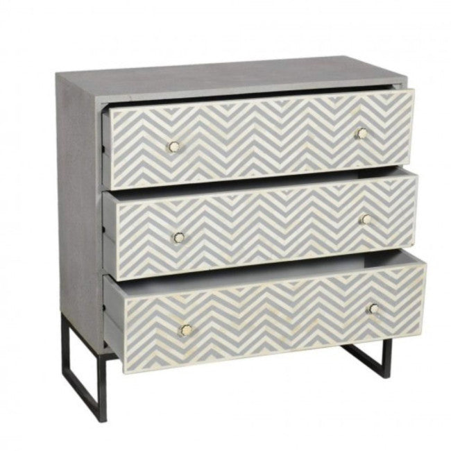 Bone Inlay Chevron Pattern 3 Drawer Dresser | Grey White Inlay Chest | Modern Storage Cabinet with Metal Base