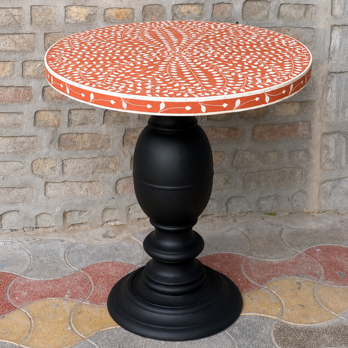Handmade Orange & White Bone Inlay Round Side Table – Floral Pedestal End Table