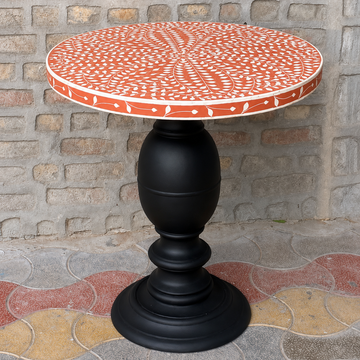 Handmade Orange & White Bone Inlay Round Side Table – Floral Pedestal End Table
