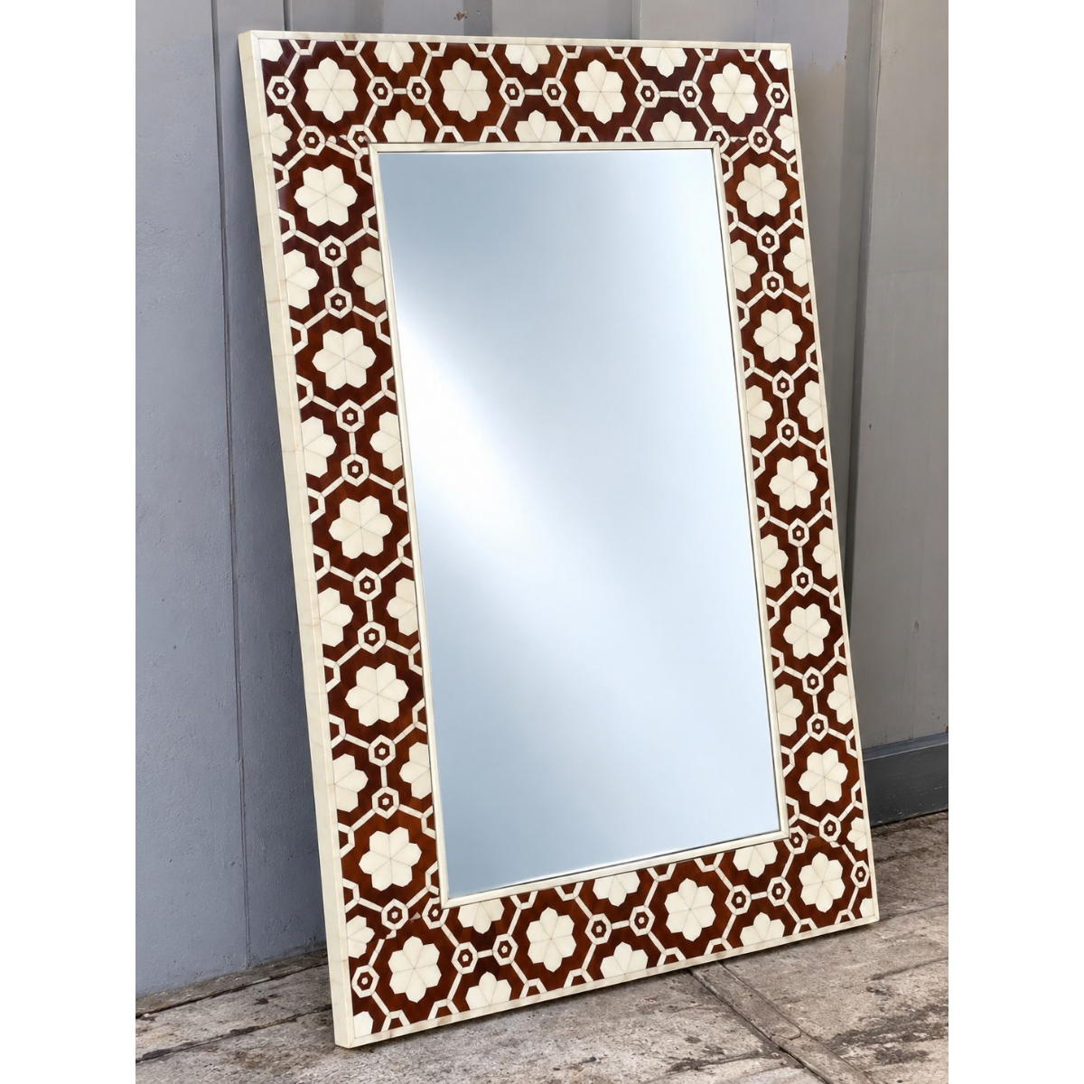 Handmade Brown Bone Inlay Mirror – Geometric Floral Rectangular Wall Mirror