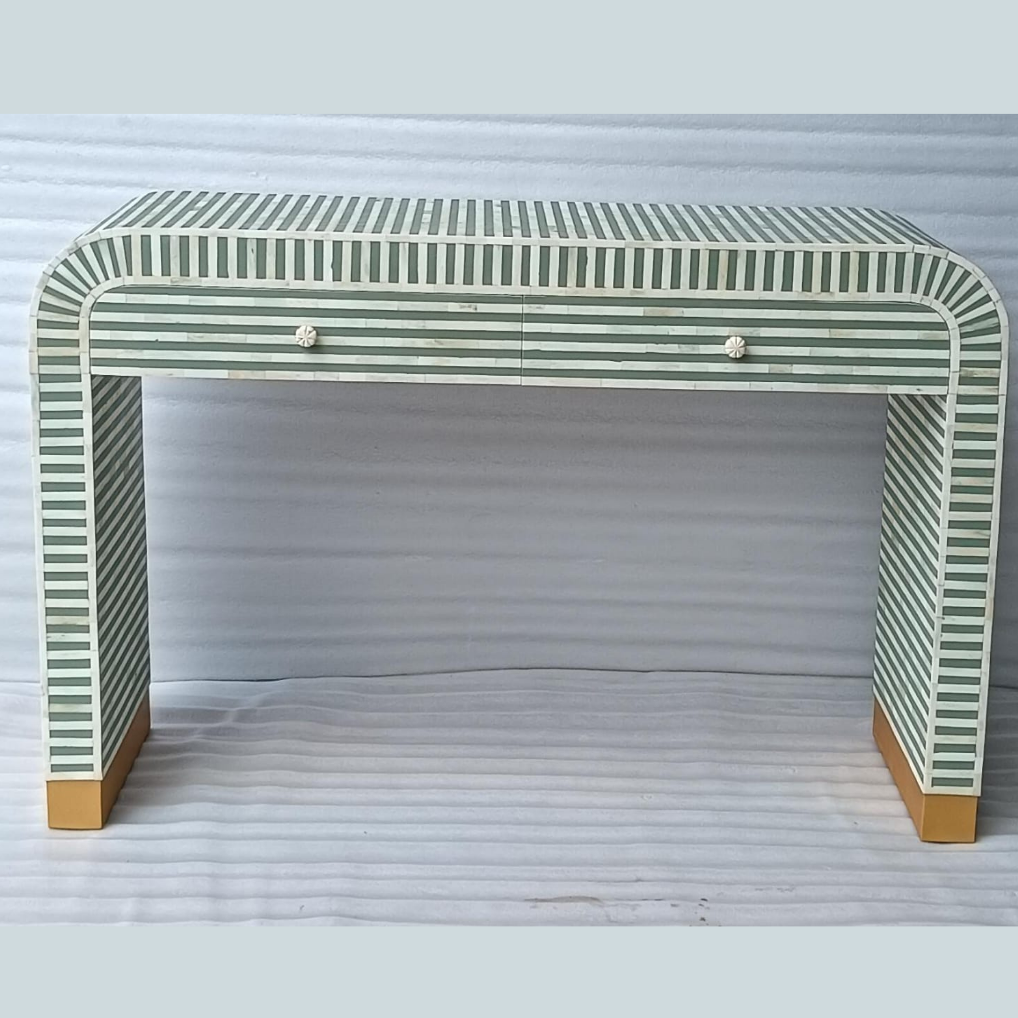 Green Striped Bone Inlay Console Table with Drawers | Handmade Waterfall Entryway Table