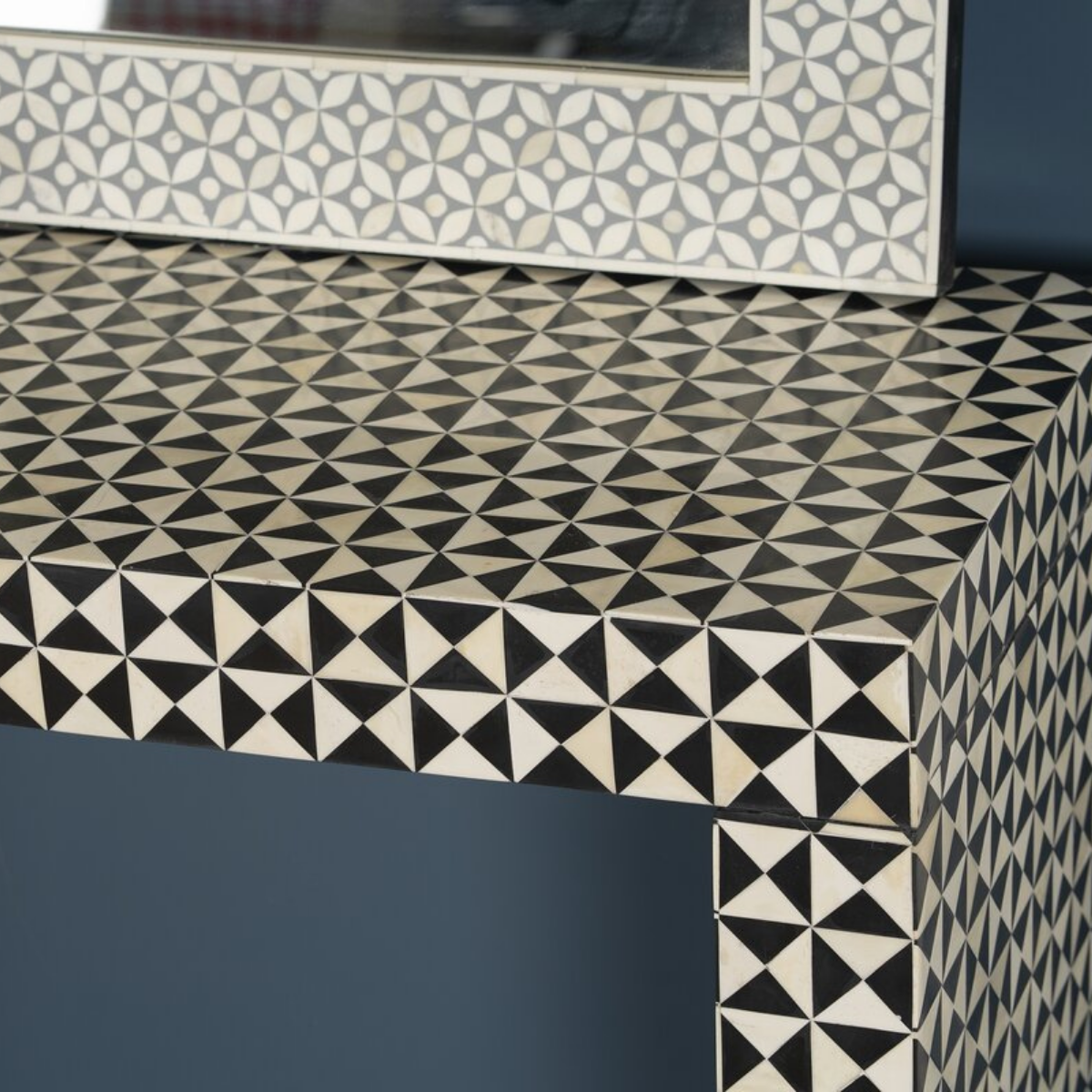 Handmade Black Geometric Bone Inlay Console Table | Modern Waterfall Console