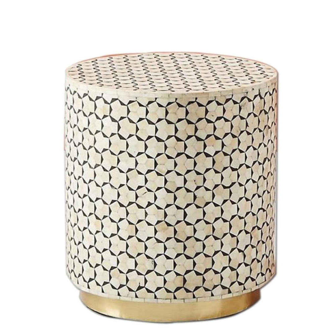 Handmade Bone Inlay Round End Table Natural Bone Geometric Star Pattern Luxury Accent Side Table