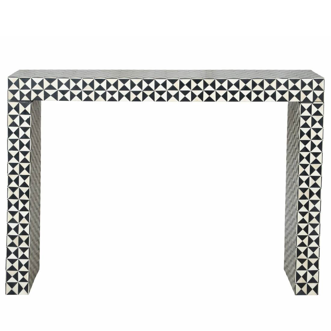 Handmade Black Geometric Bone Inlay Console Table | Modern Waterfall Console