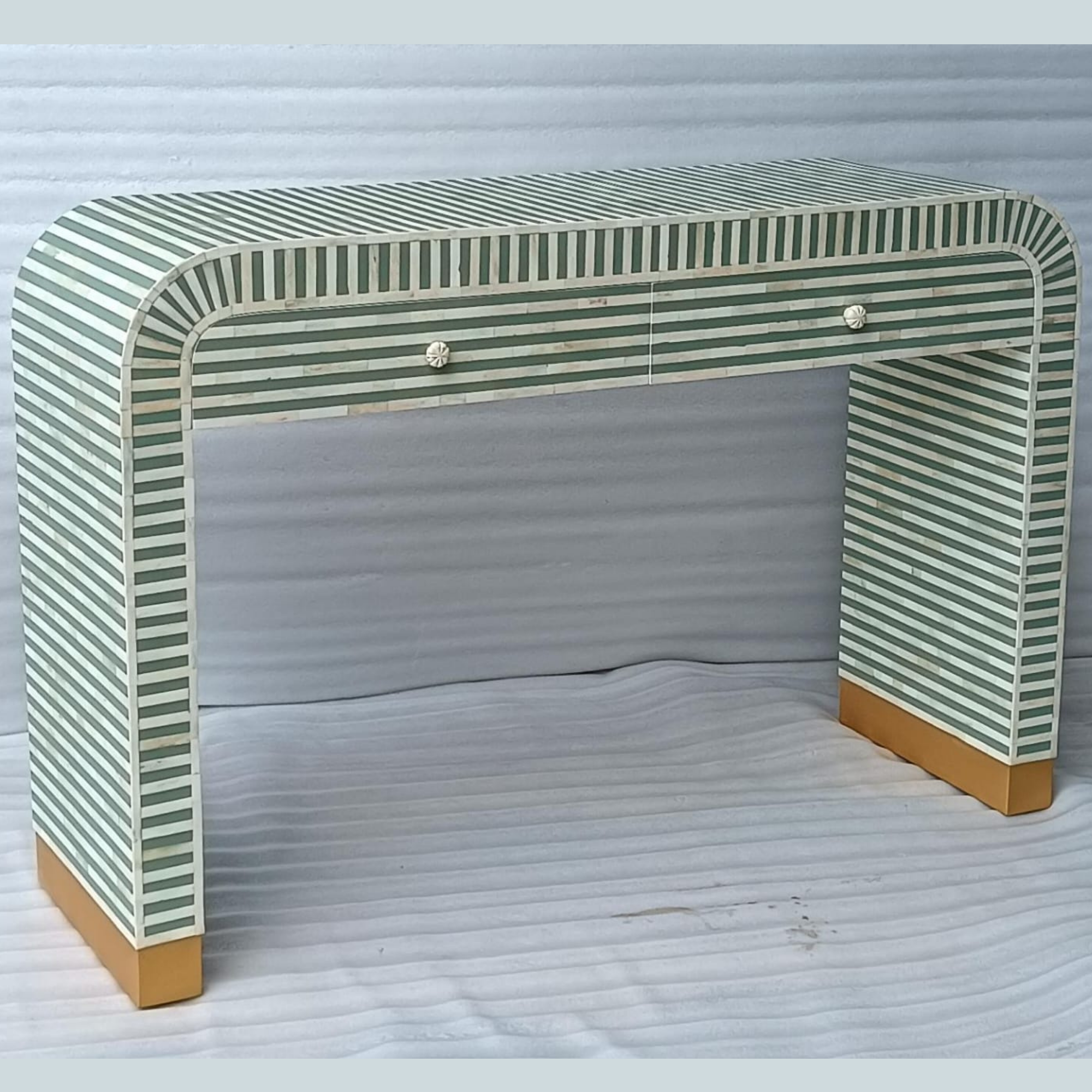 Green Striped Bone Inlay Console Table with Drawers | Handmade Waterfall Entryway Table