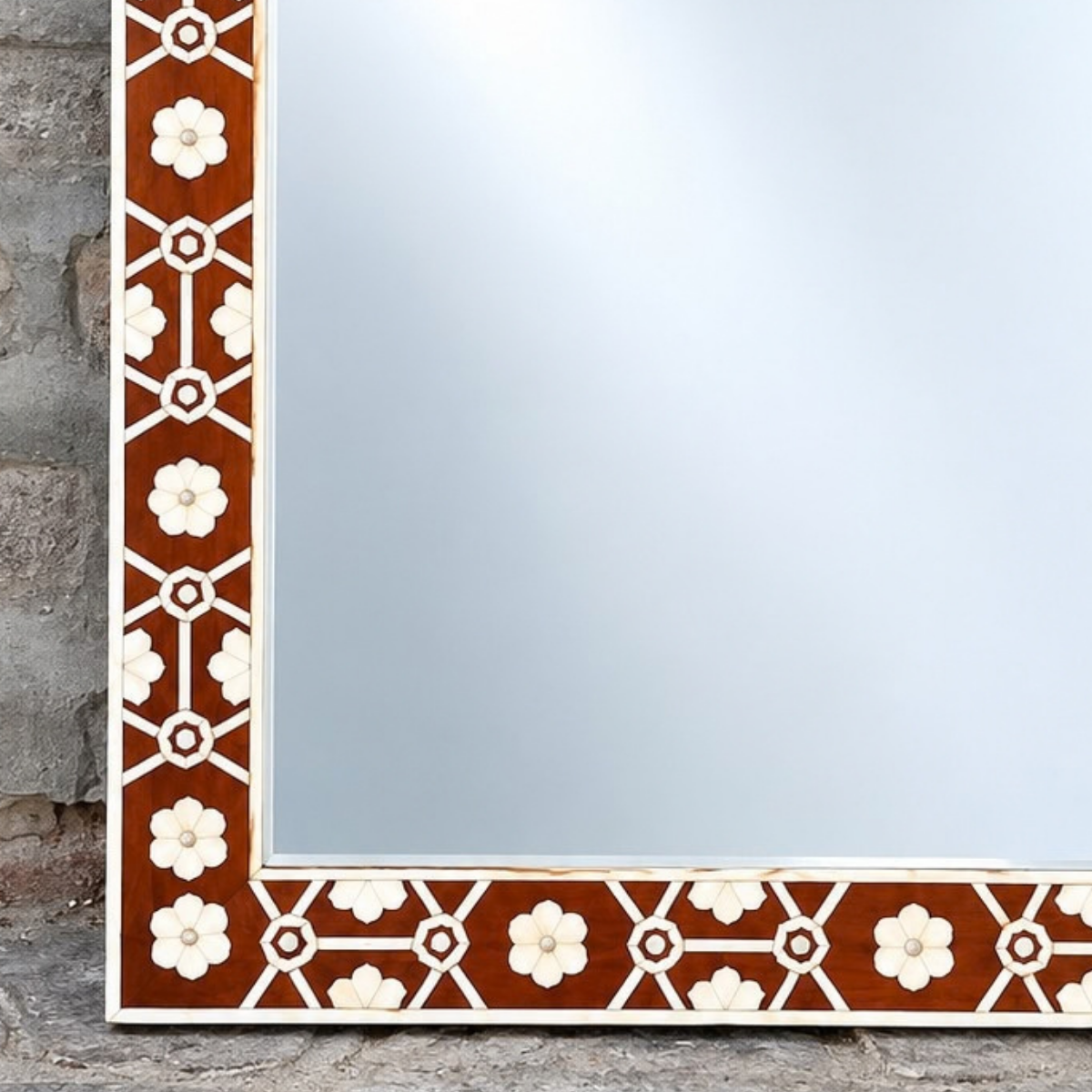 Handmade Brown Bone Inlay Mirror – Geometric Floral Rectangular Wall Mirror