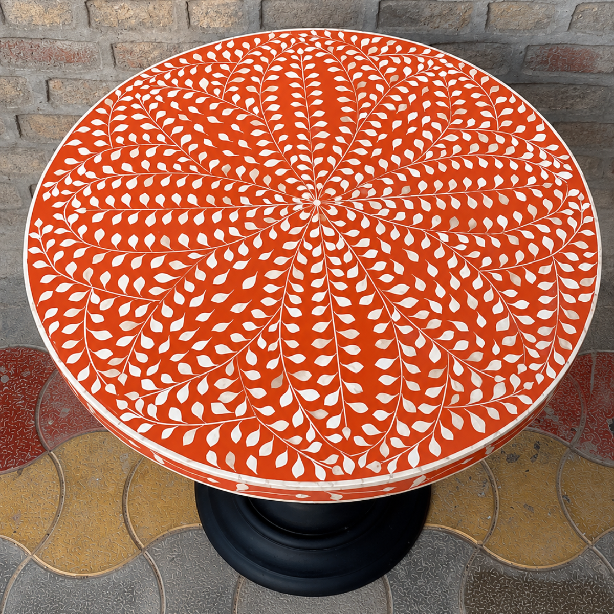Handmade Orange Bone Inlay Round Dining Table | Floral Pedestal Dining Table