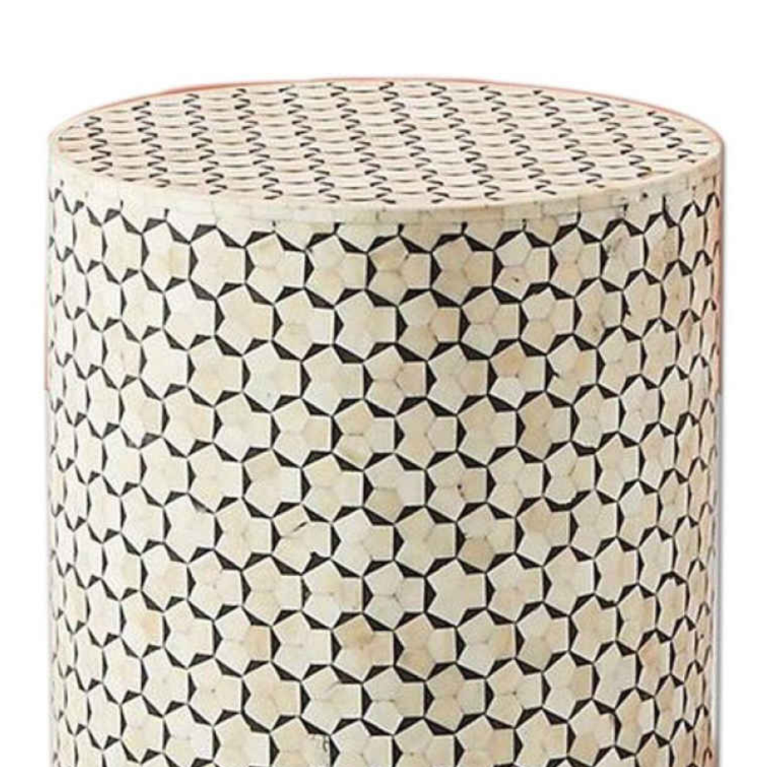 Handmade Bone Inlay Round End Table Natural Bone Geometric Star Pattern Luxury Accent Side Table