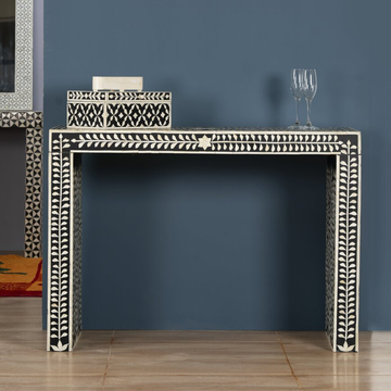 Handmade Black Bone Inlay Console Table | Floral Vine Pattern Entryway Console