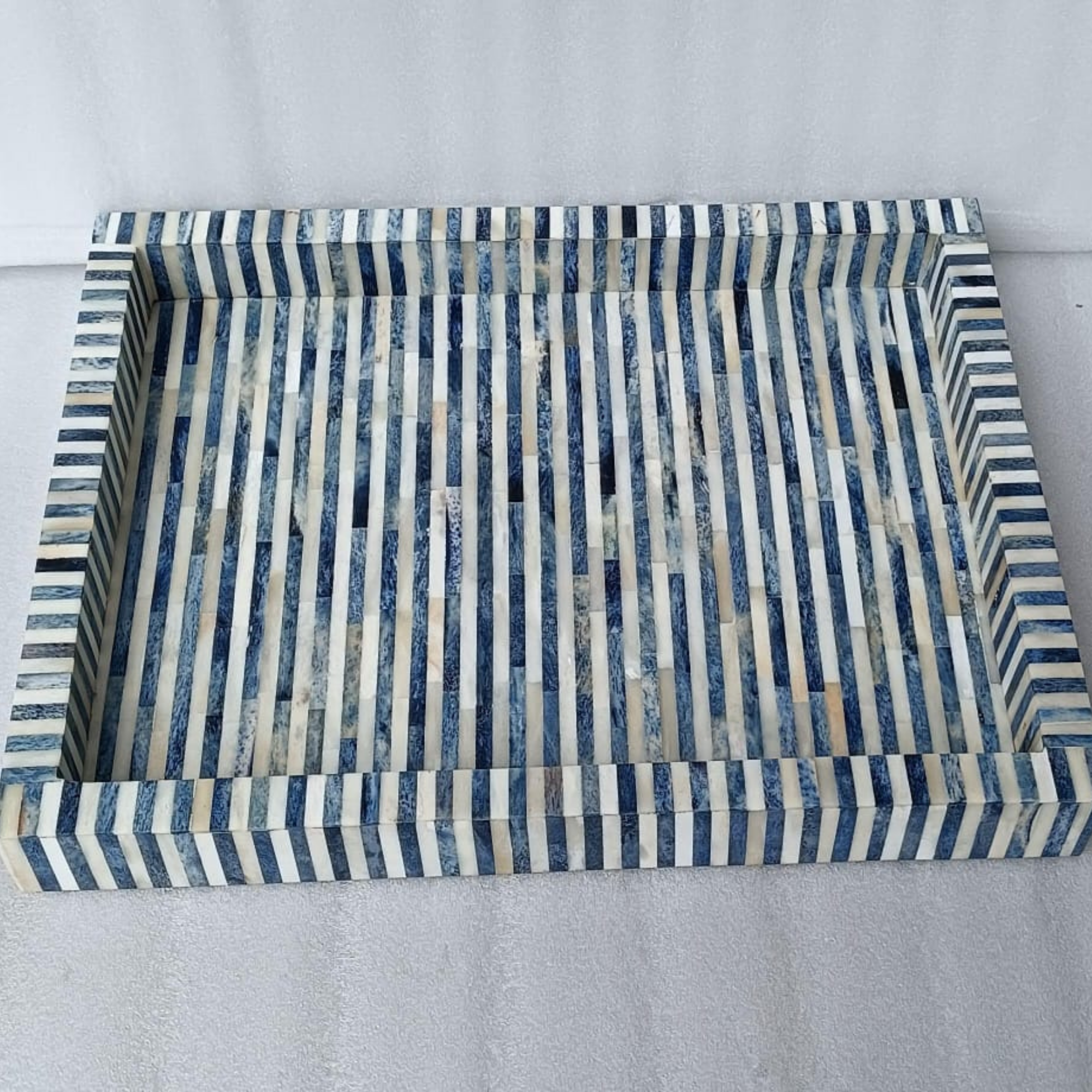 Handmade Blue Striped Bone Inlay Rectangular Tray | Decorative Serving Tray