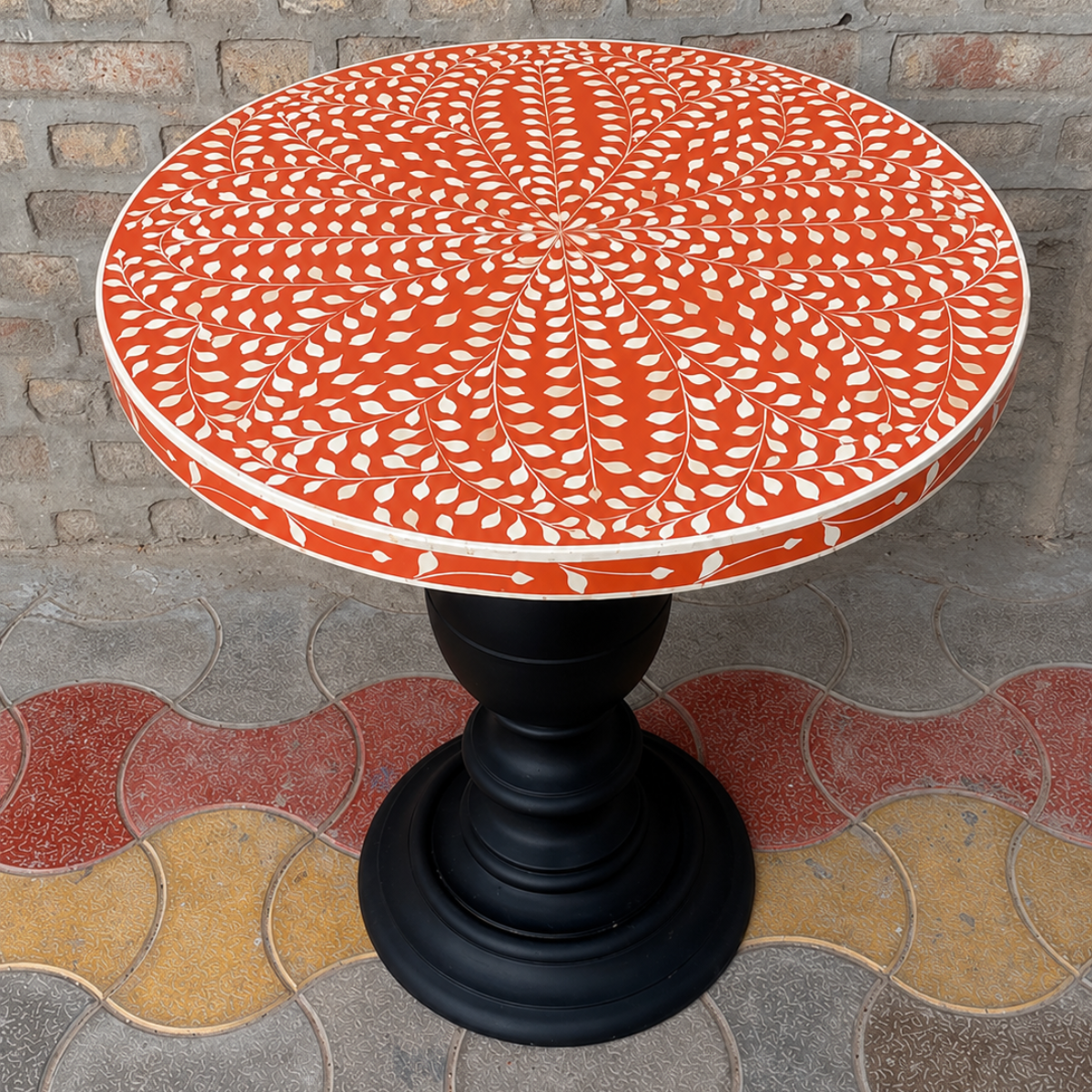 Handmade Orange & White Bone Inlay Round Side Table – Floral Pedestal End Table