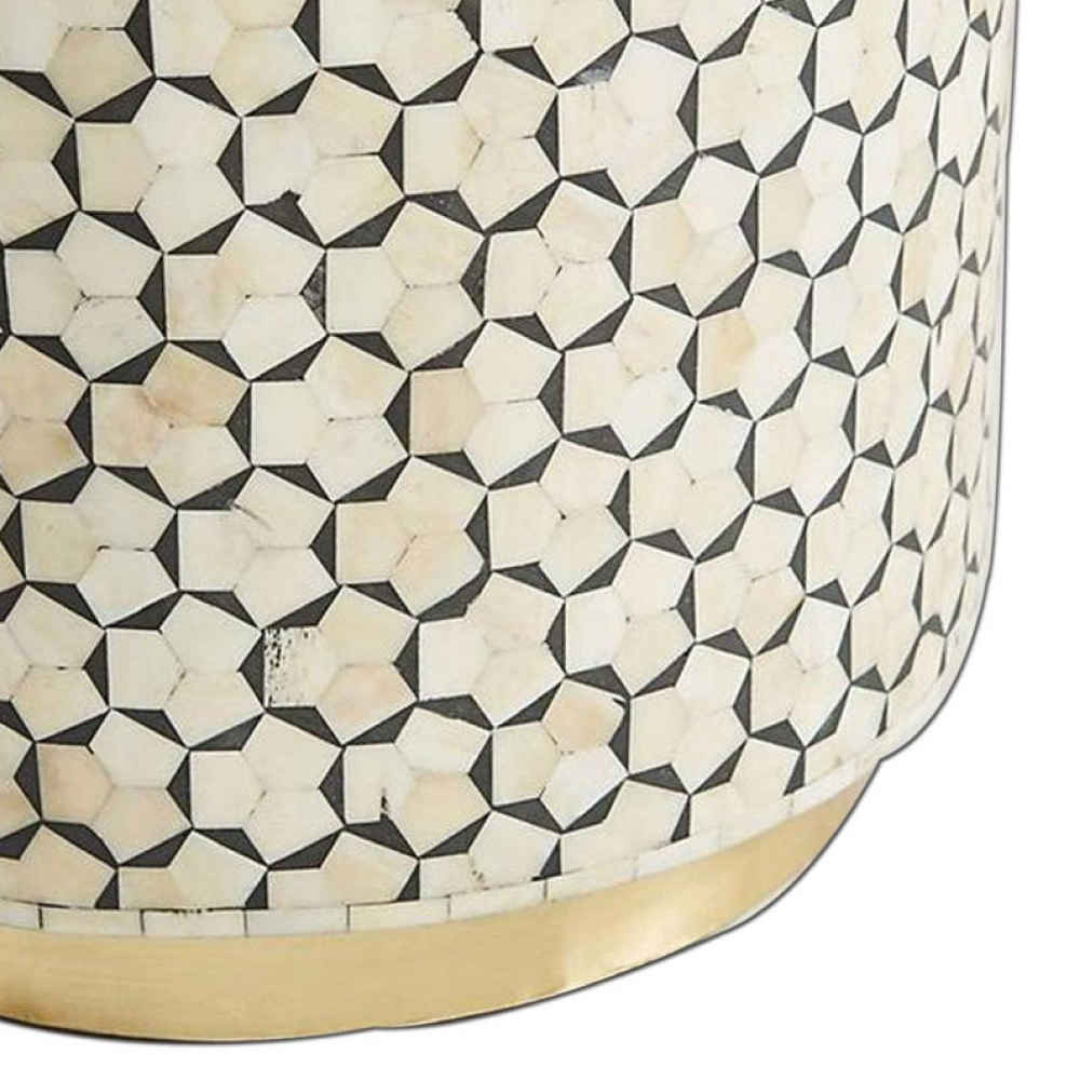 Handmade Bone Inlay Round End Table Natural Bone Geometric Star Pattern Luxury Accent Side Table