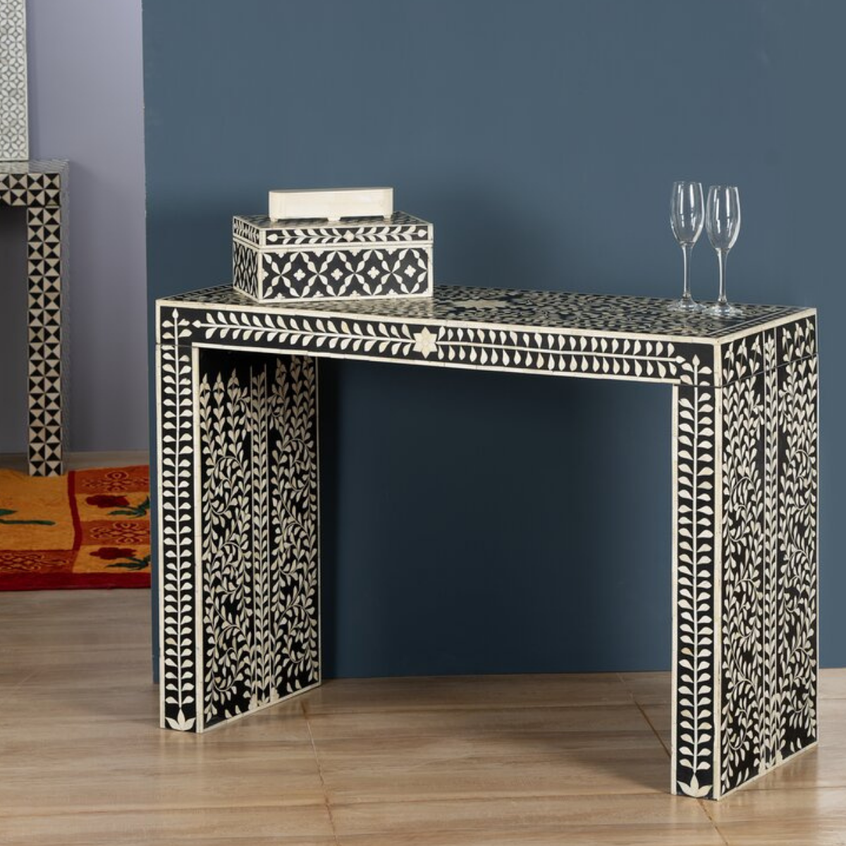 Handmade Black Bone Inlay Console Table | Floral Vine Pattern Entryway Console