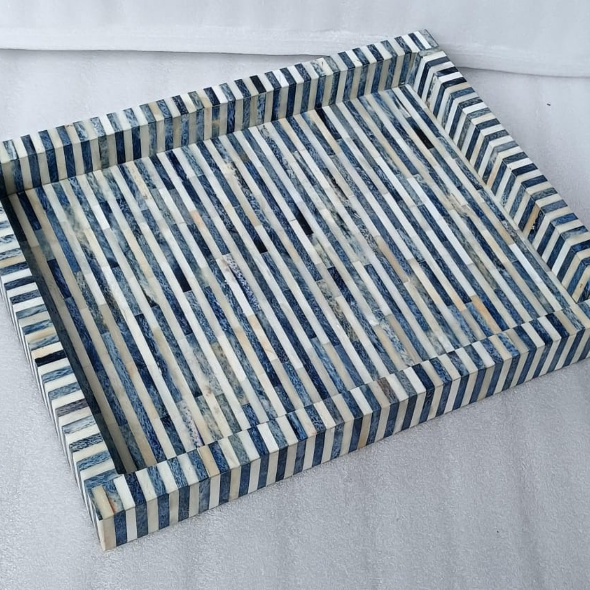 Handmade Blue Striped Bone Inlay Rectangular Tray | Decorative Serving Tray
