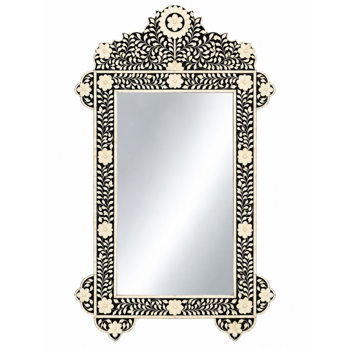 Handmade Black & White Bone Inlay Mirror – Ornate Floral Rectangular Wall Mirror