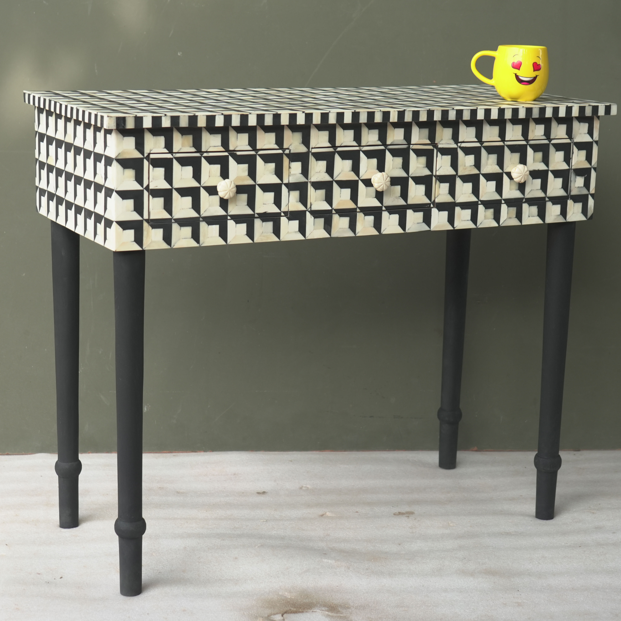 Handmade Black & White Bone Inlay Console Table with 3 Drawers