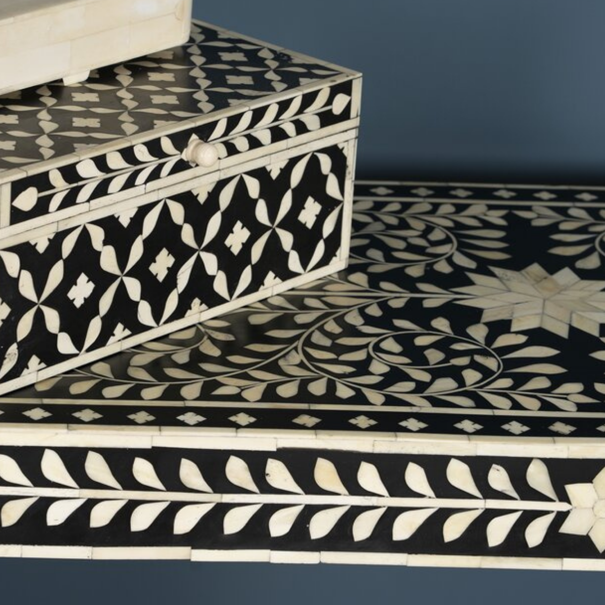 Handmade Black Bone Inlay Console Table | Floral Vine Pattern Entryway Console