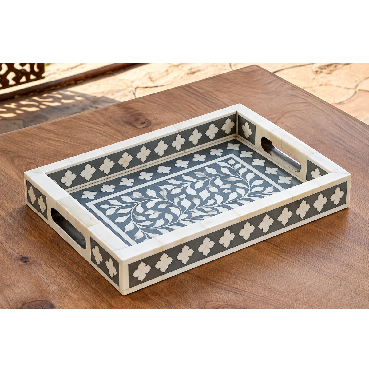 Handmade Grey Bone Inlay Serving Tray – Floral Leaf Design with Handles