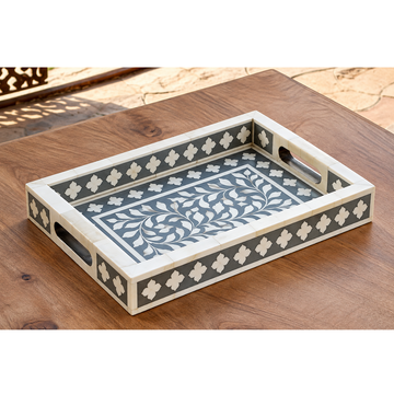 Handmade Grey Bone Inlay Serving Tray – Floral Leaf Design with Handles