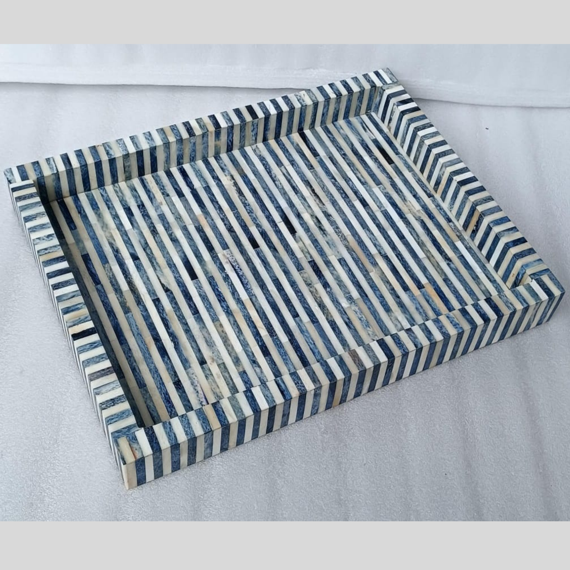 Handmade Blue Striped Bone Inlay Rectangular Tray | Decorative Serving Tray