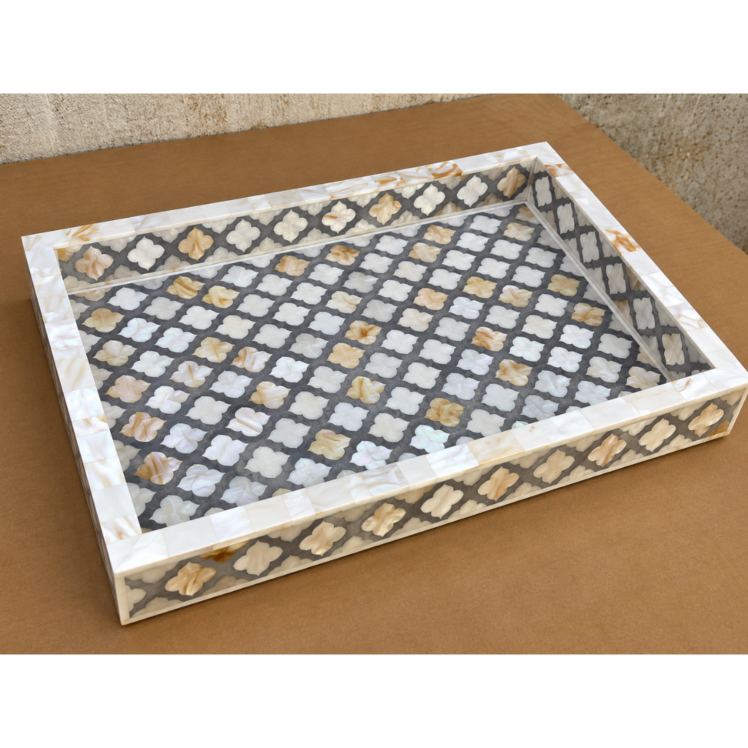 Handmade grey and white Mother of Pearl inlay rectangular serving tray with geometric pattern