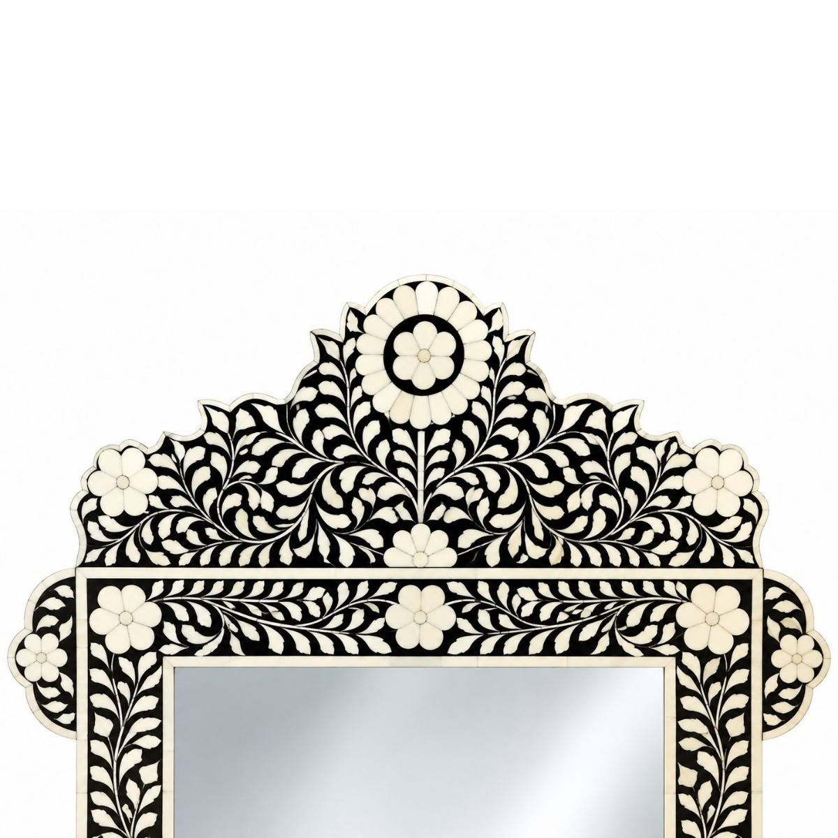 Handmade Black & White Bone Inlay Mirror – Ornate Floral Rectangular Wall Mirror