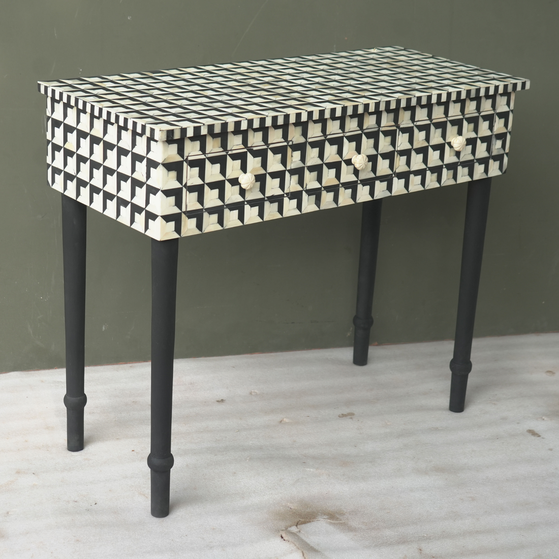 Handmade Black & White Bone Inlay Console Table with 3 Drawers