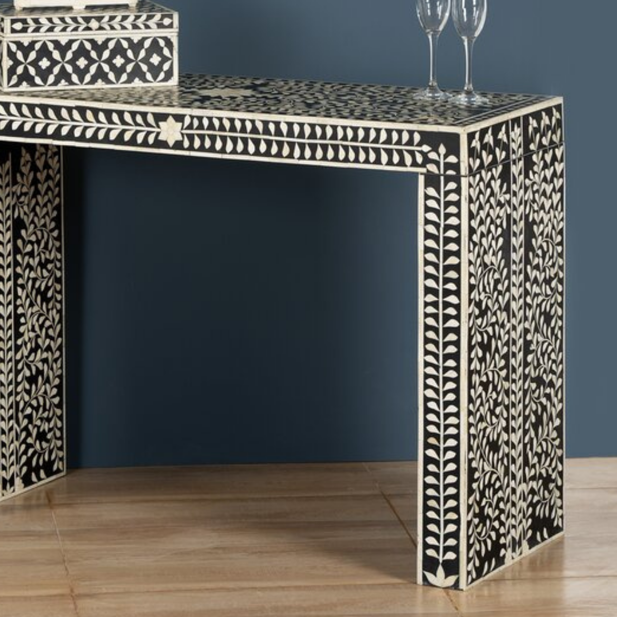 Handmade Black Bone Inlay Console Table | Floral Vine Pattern Entryway Console