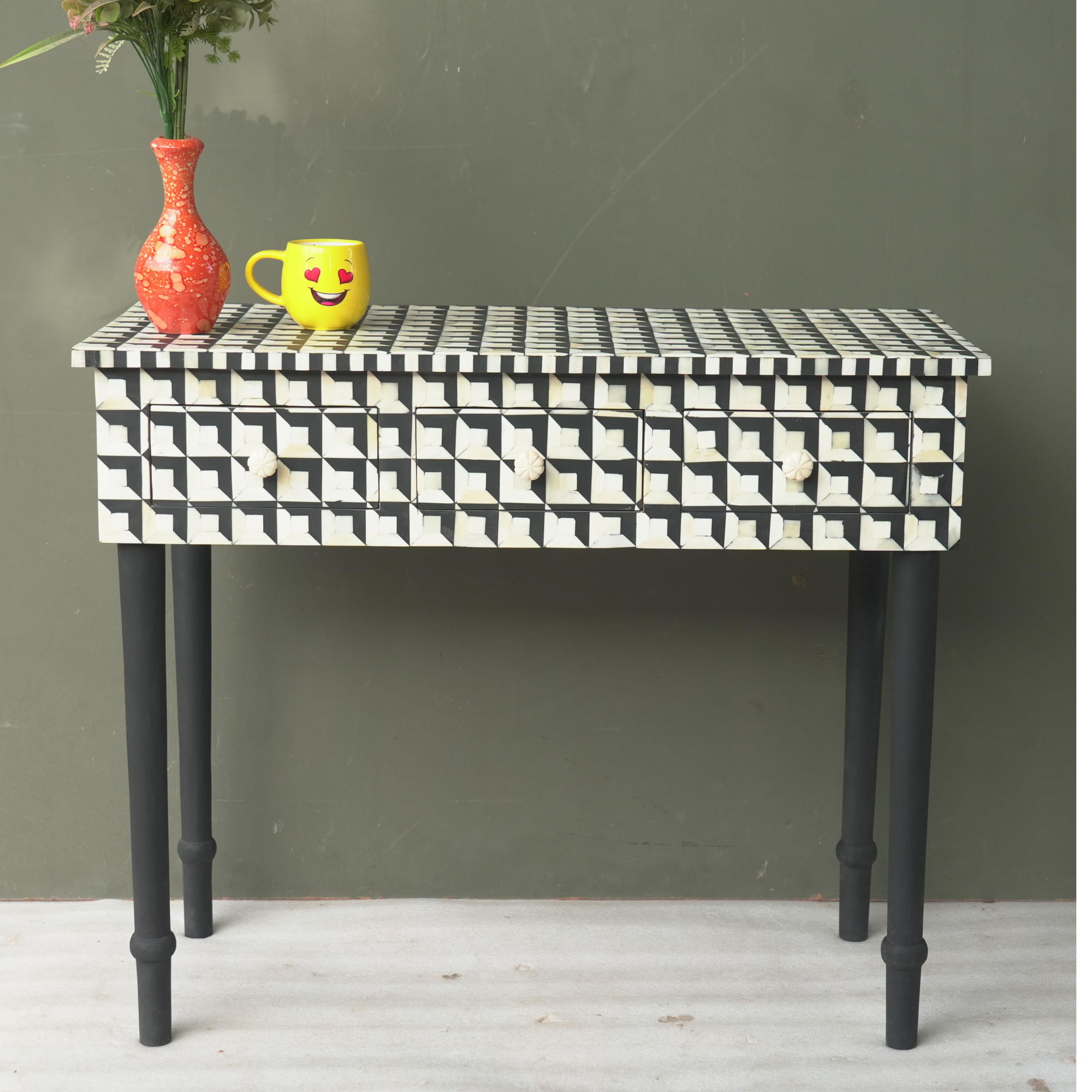 Handmade Black & White Bone Inlay Console Table with 3 Drawers