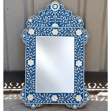 Handmade Blue Bone Inlay Mirror – Ornate Floral Rectangular Wall Mirror