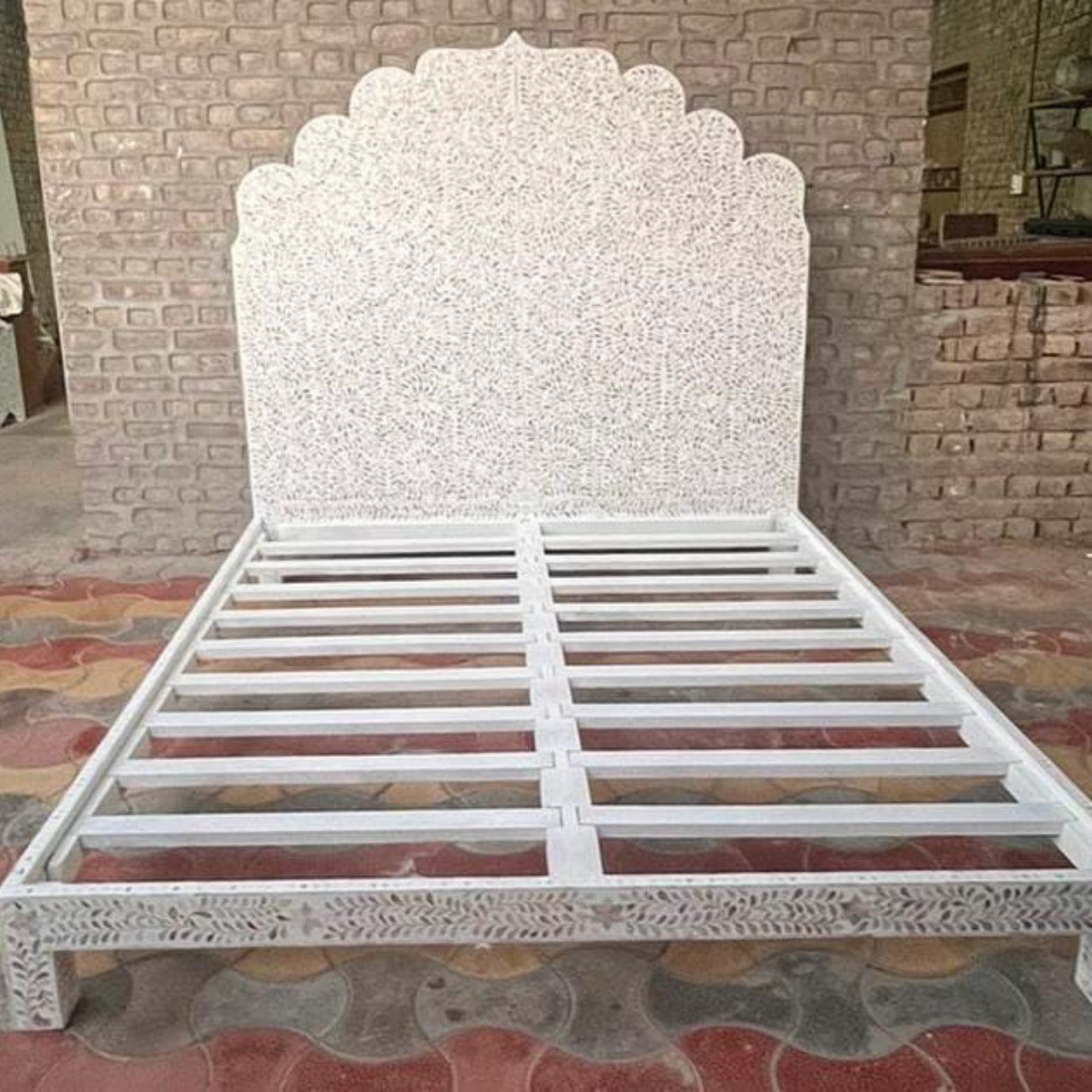 White Mother of Pearl Inlay Bed Frame | Handmade Luxury Floral Bed