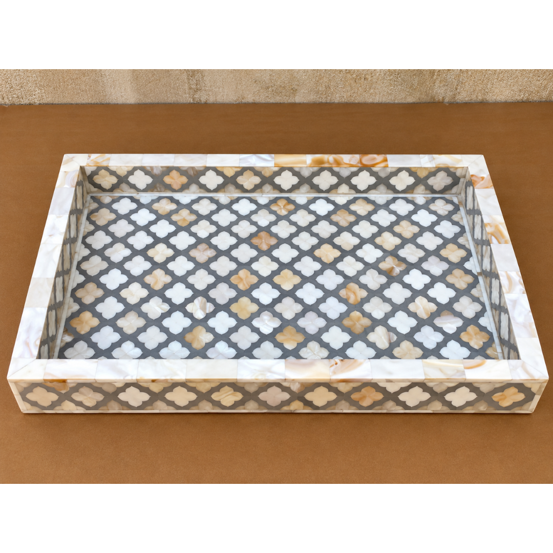 Grey Mother of Pearl Inlay Serving Tray – Handmade Geometric Rectangular Decorative Tray