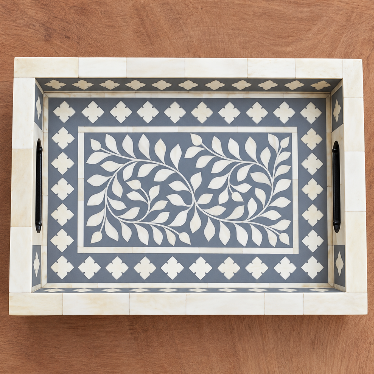 Handmade Grey Bone Inlay Serving Tray – Floral Leaf Design with Handles