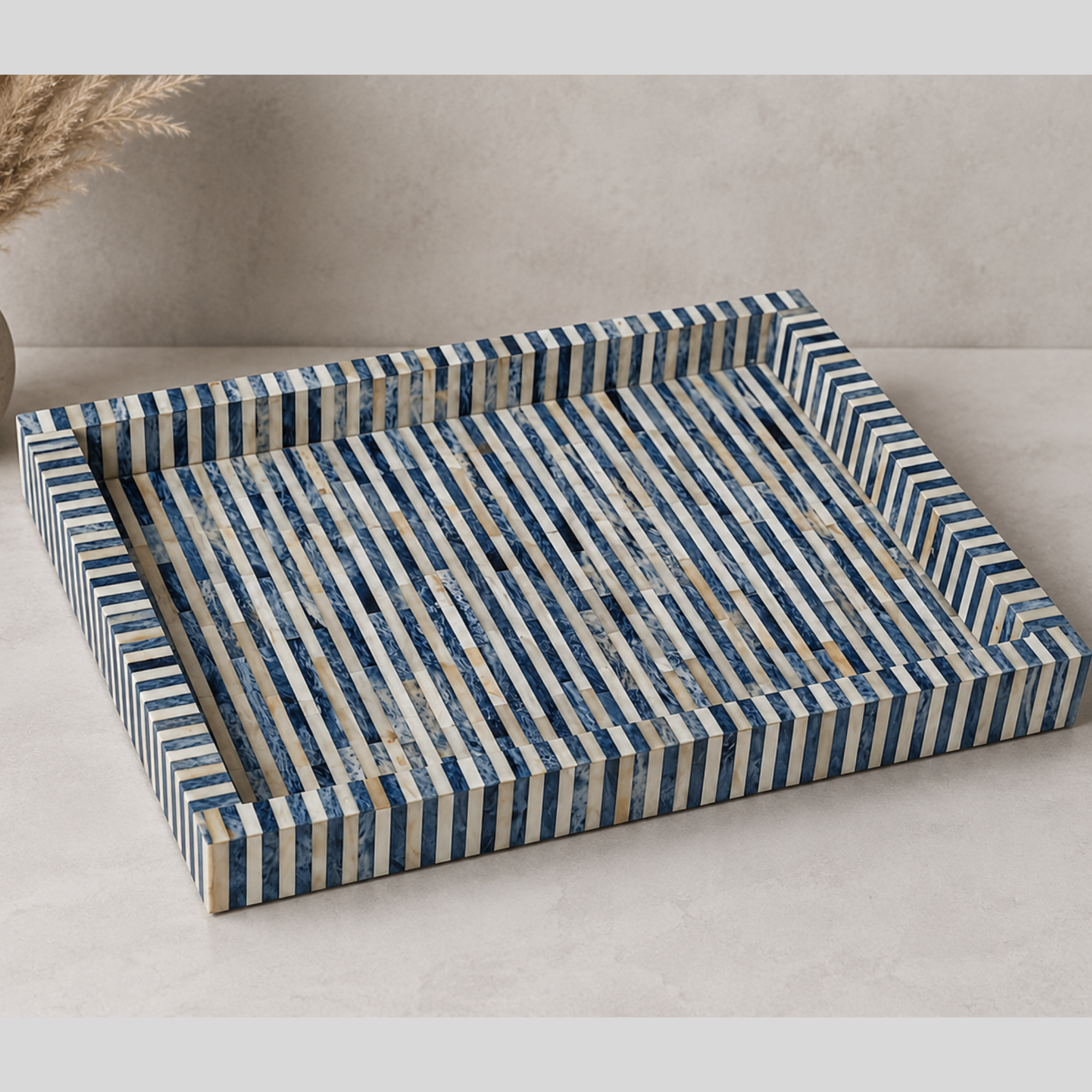 Handmade Blue Striped Bone Inlay Rectangular Tray | Decorative Serving Tray